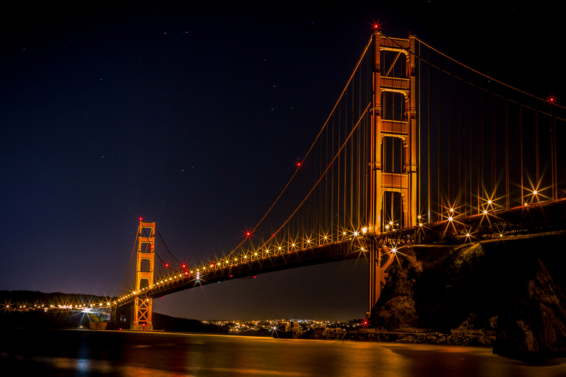 Golden Gate Bridge over the bay at night