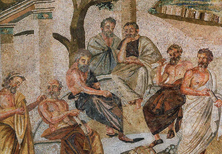 Plato surrounded by students in his Academy in Athen