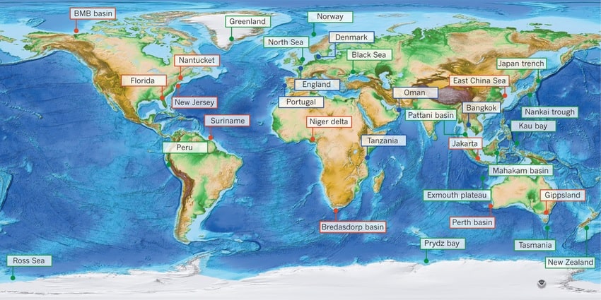 A map showing global locations where brackish water is found