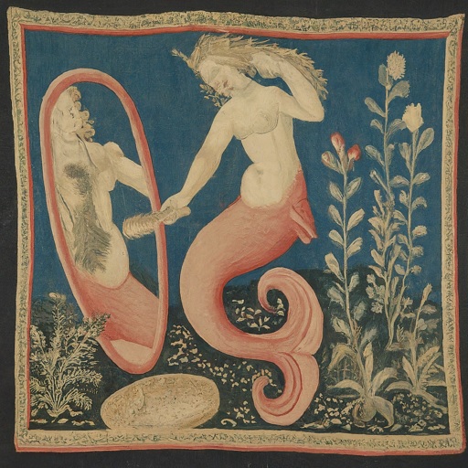 A mermaid siren from a medieval tapestry, emphasizing her beauty and allure