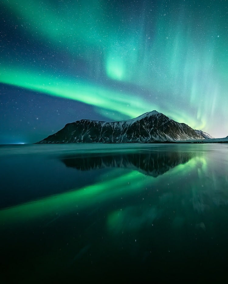 Aurora Borealis night sky, Northern Lights landscape